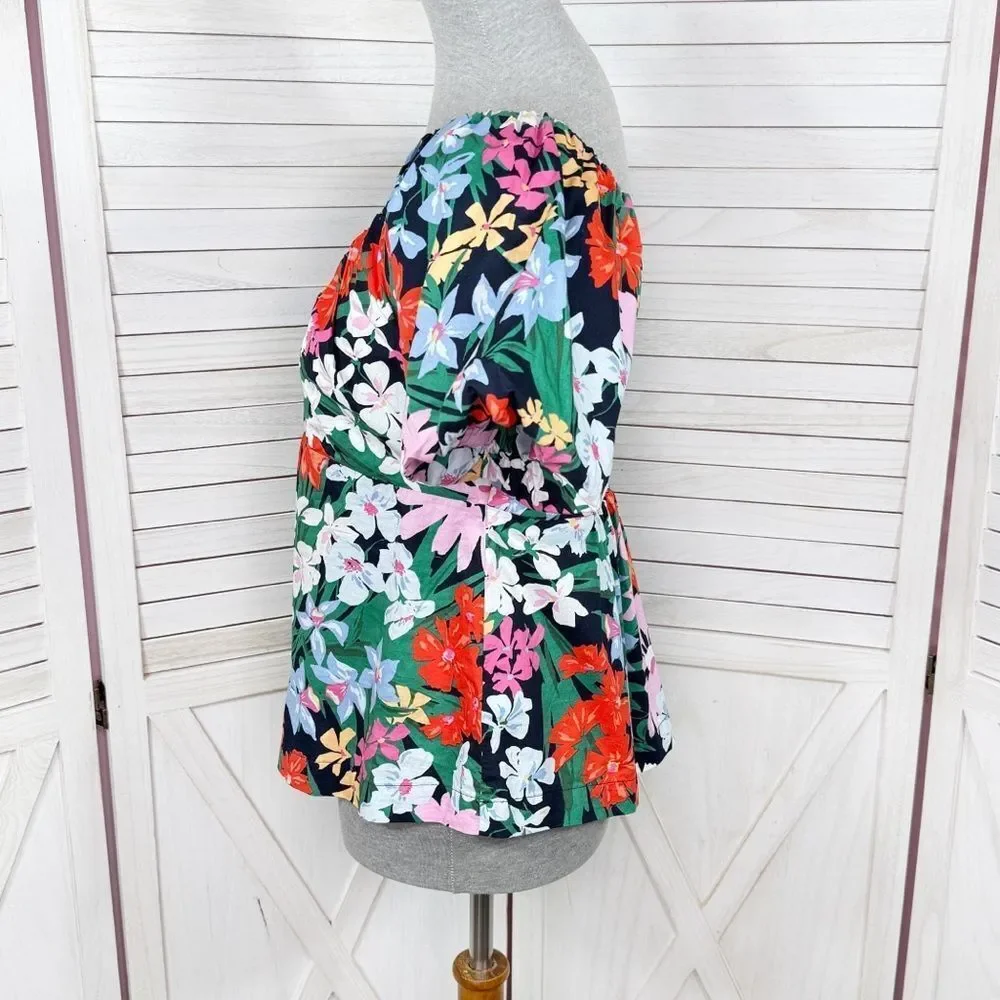 Old Navy Floral Puff Sleeve Peplum Flared Hem V‎ Neck Top Shirt Blue Multi Small